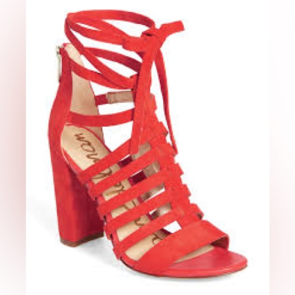 Sam Edelman Red (Blood Orange) Strappy Block Heel Sandals – Size 8.5